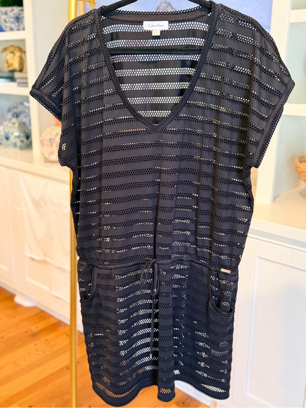 Calvin Klein Black Striped Open-Knit V-Neck Cinch Waist Cover-Up Size L/XL